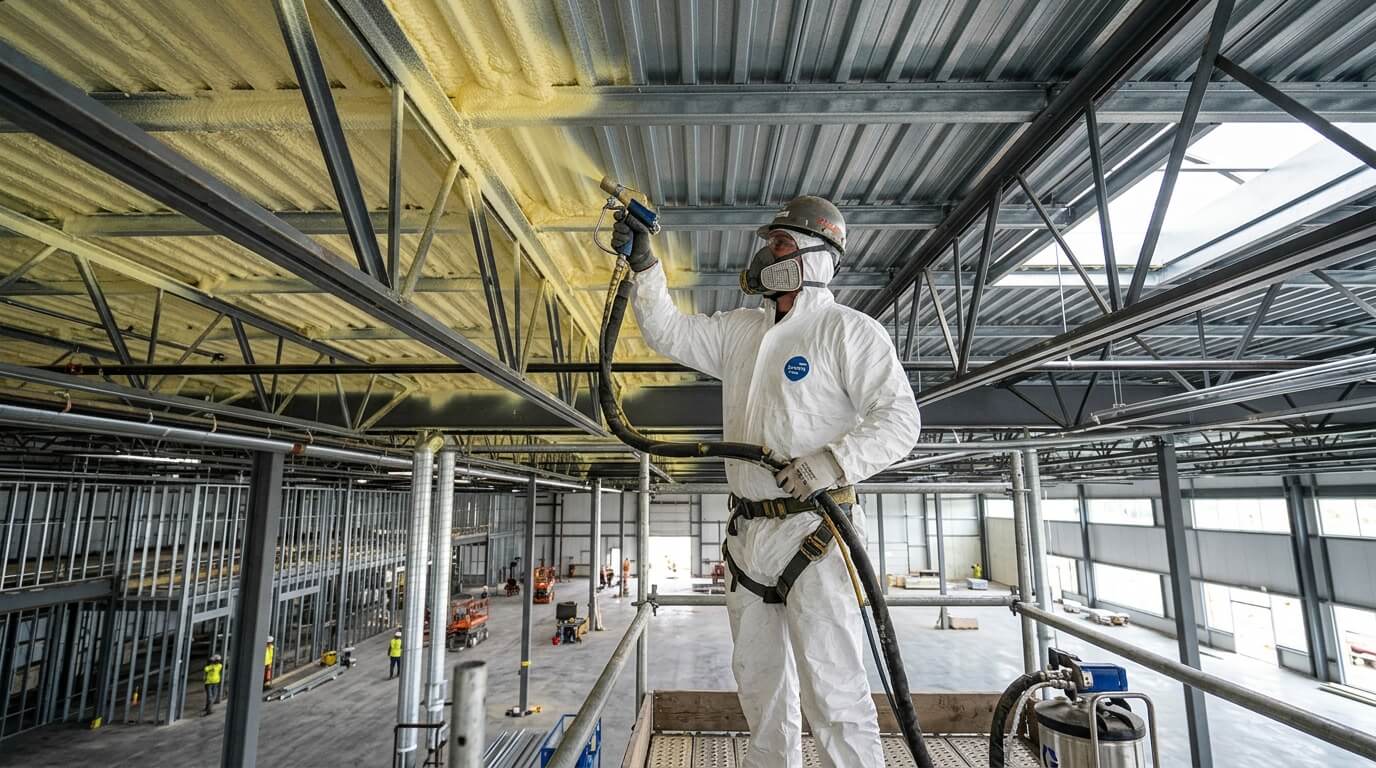 Operario especializado aplicando espuma de poliuretano expandido en cubierta metálica